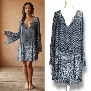Free People Tree Swing Tunic Blue White Floral Mini Dress Small Boho Bell Sleeve
